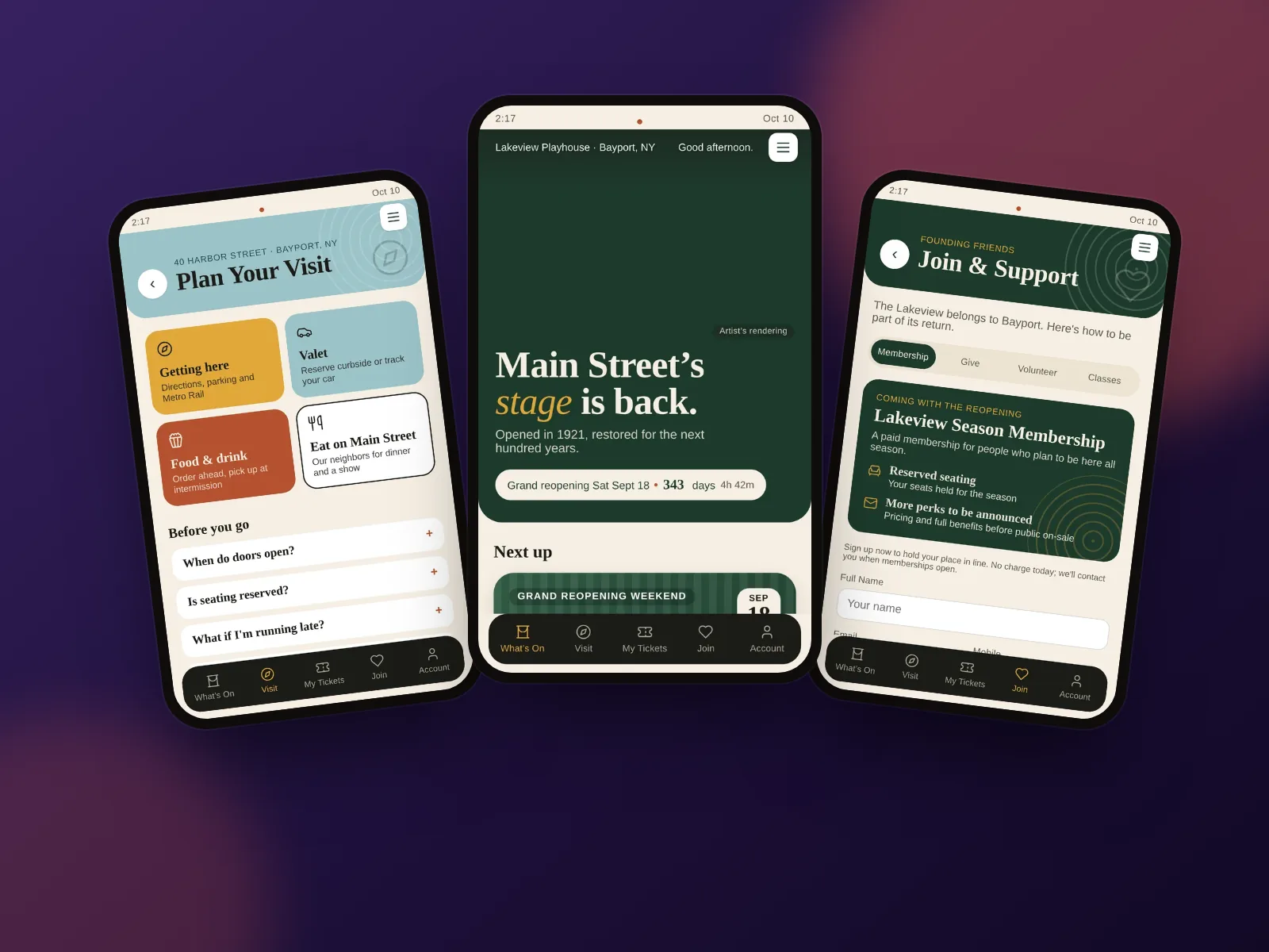 Three Marquee guest app screens for a theater: plan your visit, the home screen and memberships